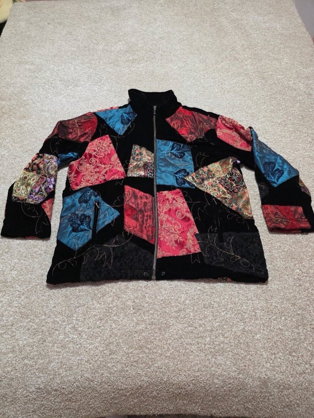Vintage Chico's Design Velvet Patchwork Jacket SzXL (3) Black Multicolor Quilted